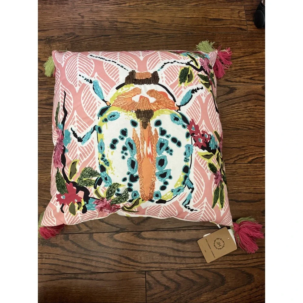 Janeen Home Boho Beetle Accent Pillow Raffia Embroidered Tassel Pink Green 18